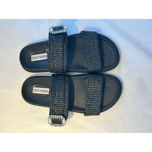 Steve Madden Orson Crystal Buckle Black Raffia Slide Sandal Size 8 NWOT - Picture 1 of 8